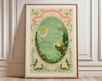 Mermaid Art Print, Fairy Tale Wall Art, Whimsical Ocean Poster, Vintage Storybook Illustration, Enchanted Nursery Decor