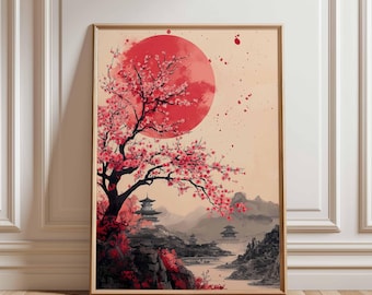 Red Sun Japanese Landscape Poster, Cherry Blossom Tree Wall Art