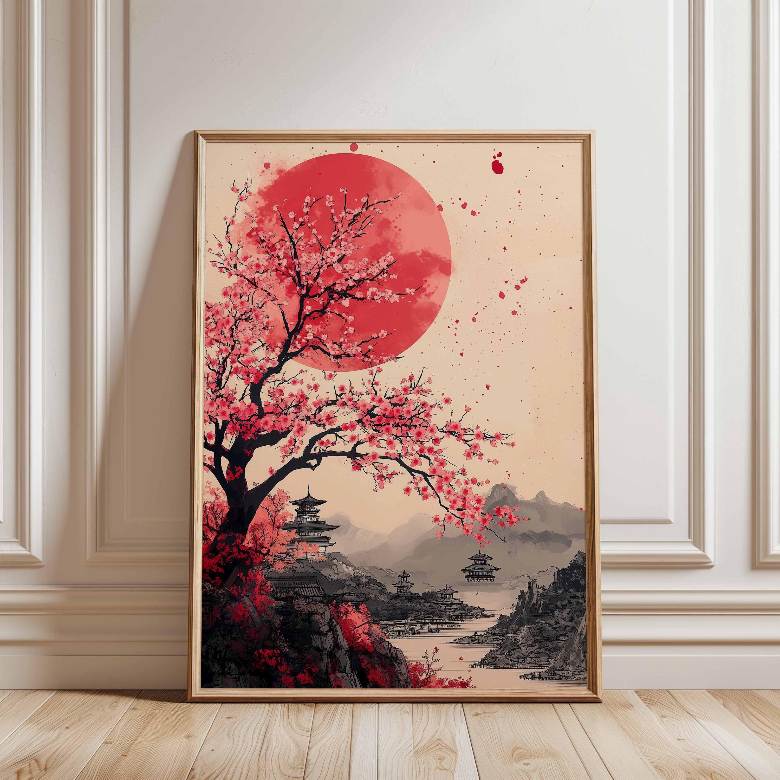 Red Sun Japanese Landscape Poster, Cherry Blossom Tree Wall Art