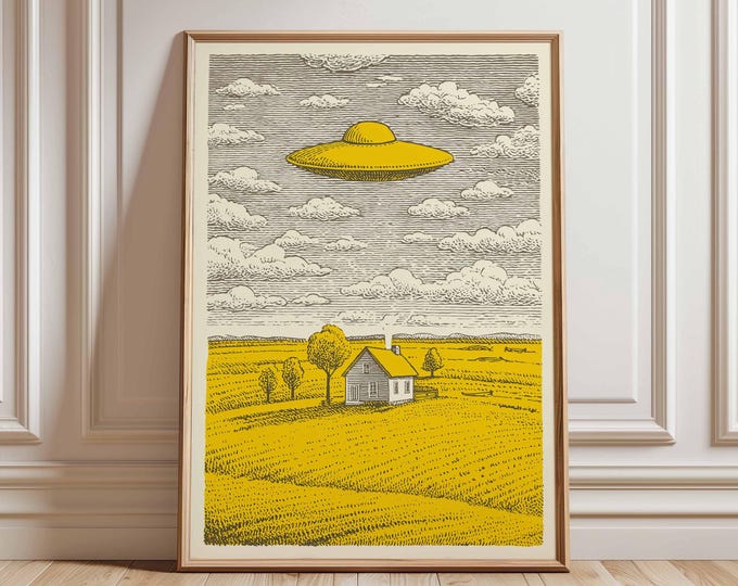 Vintage UFO Farm Poster, Surreal Yellow Landscape Print, Retro Sci-Fi Art Wall Decor, Woodcut Style Illustration