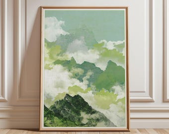 Green Mountain Landscape Poster | Misty Nature Wall Art | Abstract Cloud Painting Print | Calming Scenic Decor