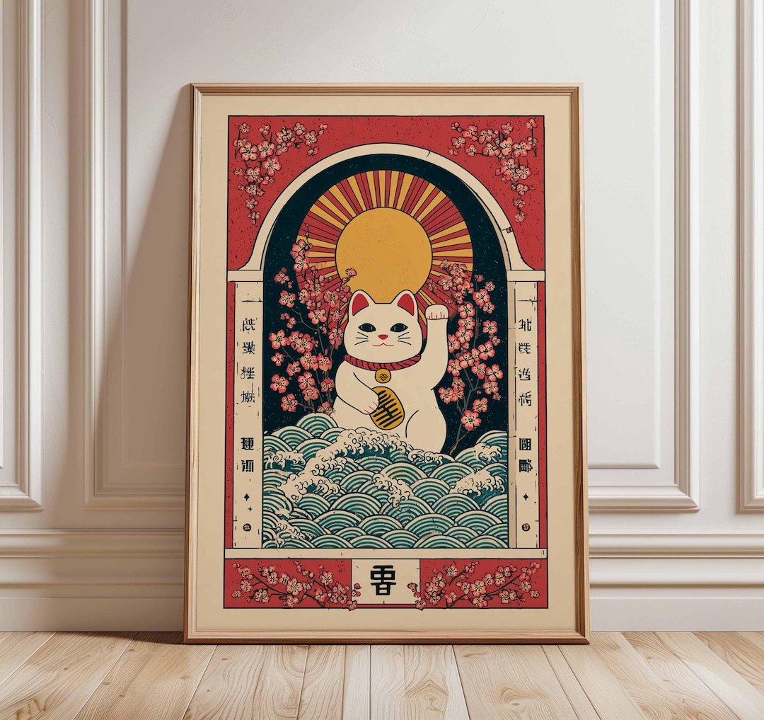 Lucky Cat Poster – Maneki Neko Japanese Wall Art, Vintage Asian Decor ...