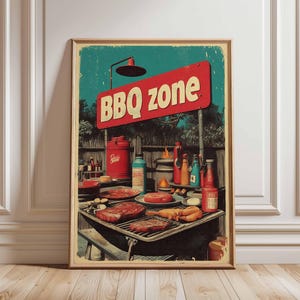 BBQ Zone Wall Art Print, Retro Grill Poster, Backyard Barbecue Sign Decor, Vintage Cookout Artwork, Summer Outdoor Kitchen Print
