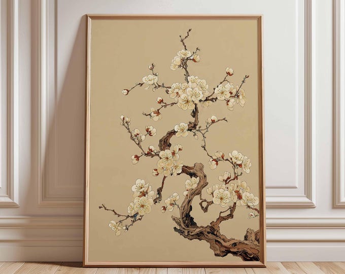 Japanese Blossom Wall Art, Cherry Blossom Print, Minimalist Tree Poster, Asian Botanical Artwork, Zen Decor, Beige Floral Wall Print