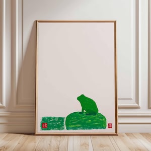 Minimalist Frog Wall Art, Zen Green Frog Poster, Japanese Style Print, Modern Nature Decor, Frog Sitting on Rock, Wabi Sabi Wall Art