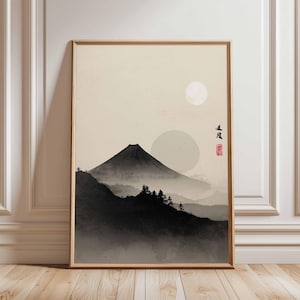 Mount Fuji Wall Art Print, Minimalist Japanese Landscape Poster, Zen Ink Wash Mountain Scene, Traditional Asian Decor, Unframed Artwork