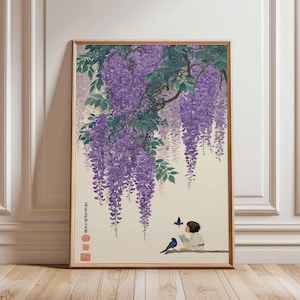 May include: A framed print featuring a Japanese-style illustration. The artwork depicts a child reading beneath a wisteria tree with cascading purple flowers and green leaves. Two blue birds are also present.