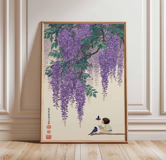 Wisteria Poster Japanese Floral Wall Art – Peaceful Nature Print with Child, Butterfly & Birds for Zen Home Decor Unframed