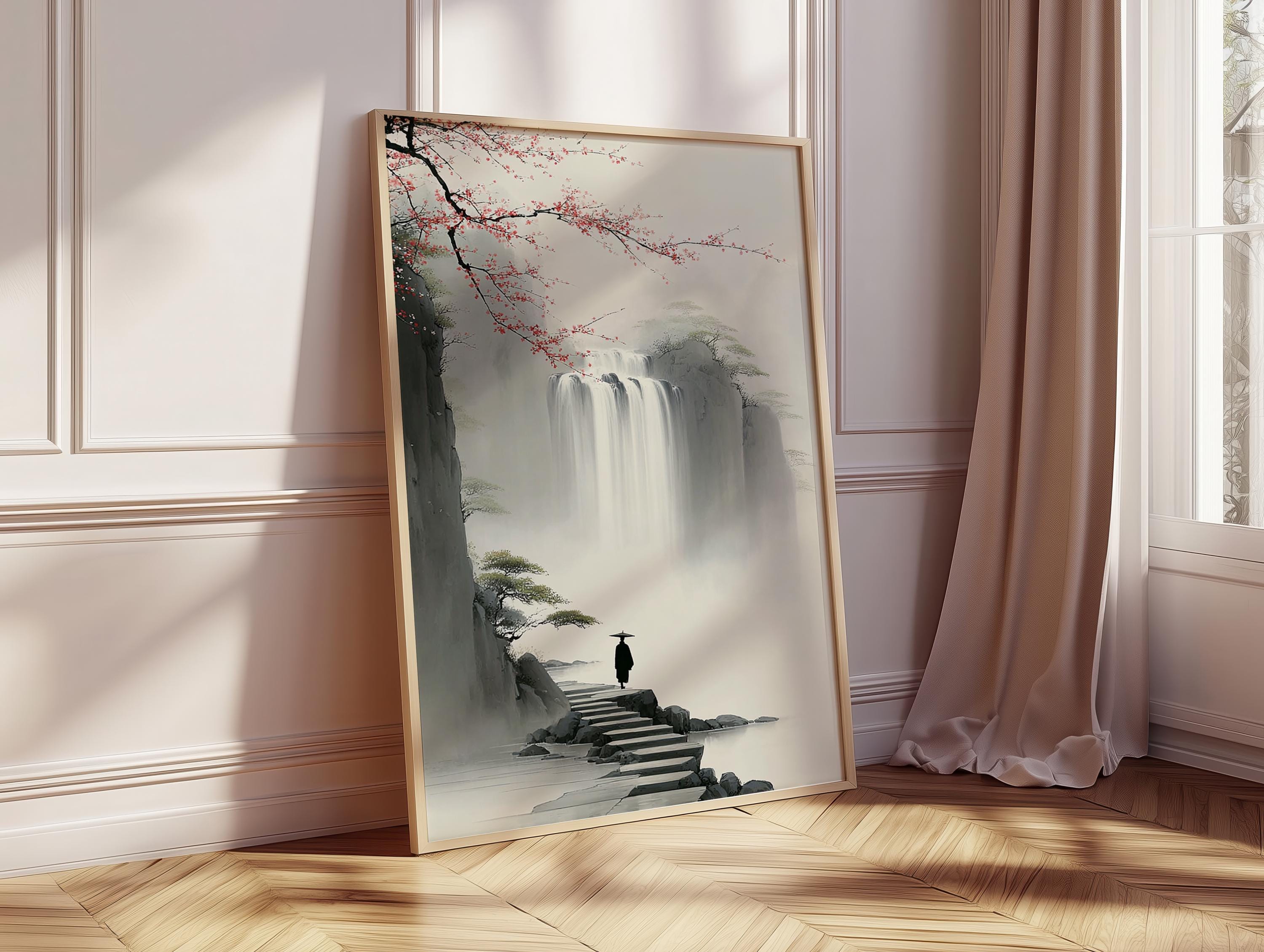 Japanese Waterfall Wall Art, Zen Landscape Poster, Traditional Asian ...