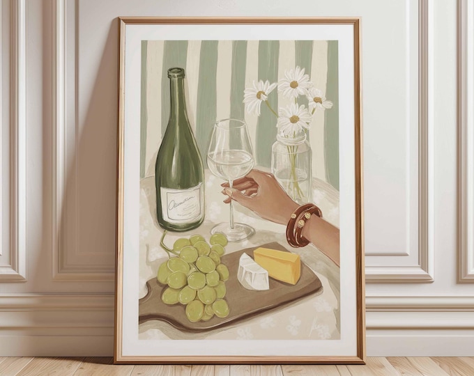 Wine and Cheese Wall Art, gouache painting, French kitchen print, green stripe decor poster, dining room art, elegant wine lover gift