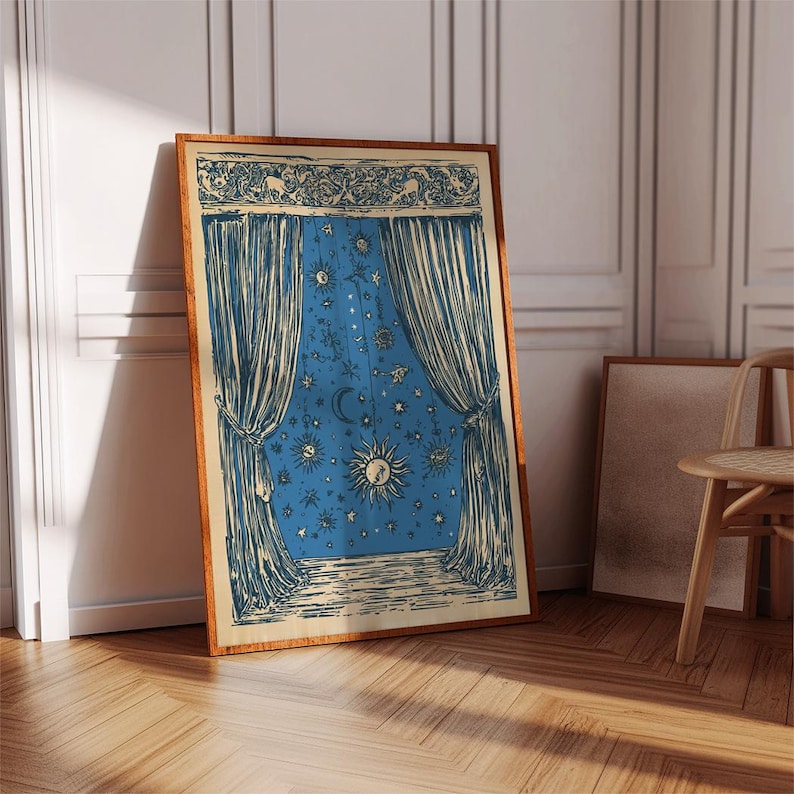 Celestial Curtain Wall Art Print | Moon and Stars Illustration Poster ...