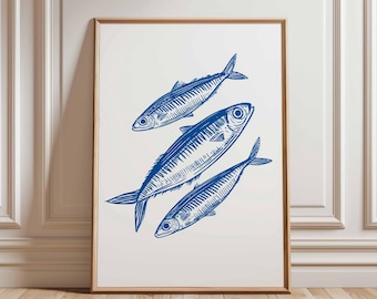 Sardine vis poster, minimalistische zeevruchten keukenkunst, kust blauwe vis muur print, nautische zeer fijne tekeningen, Scandinavische oceaan decor