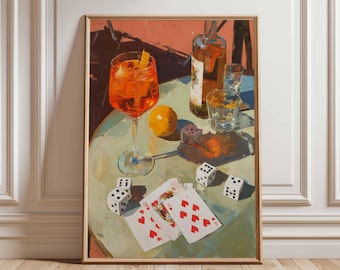 Arte mural de dados y cartas de cóctel, póster de bar retro con bebida Aperol, impresión de naturaleza muerta con mesa de juego, decoración de pub vintage