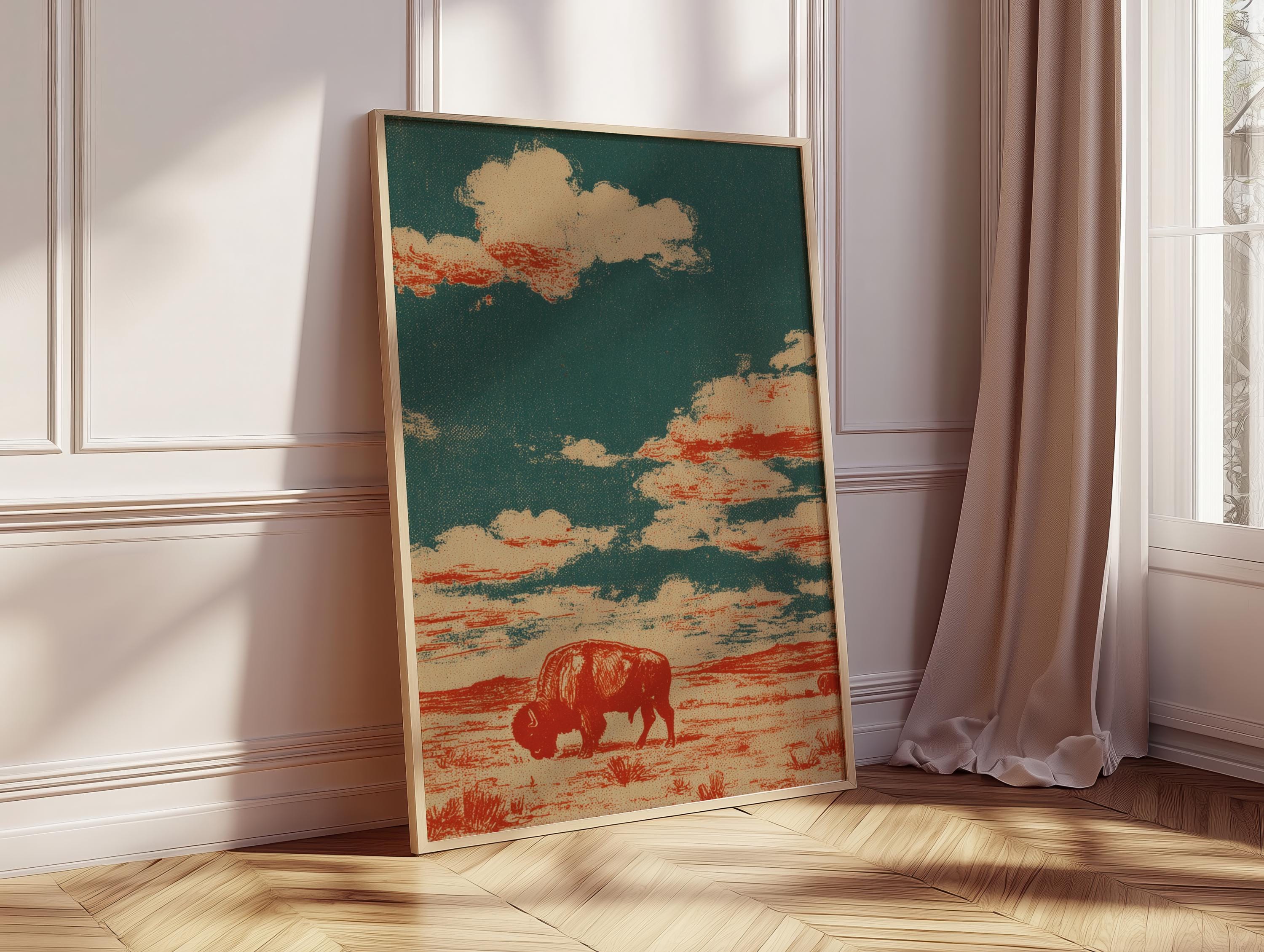 Vintage Bison Wall Art, Retro Western Poster, Desert Landscape Print ...