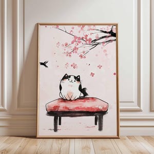 Cat Poster Art, Kawaii Cat and Cherry Blossom Print, Japanese-Inspired Wall Decor, Pink and Black Cat Art, Floral Poster, Animal Art Print