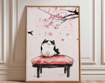 Katzen Poster, Kawaii Katze und Kirschblüten Druck, japanisch inspirierte Wanddekoration, rosa und schwarze Katzen Kunst, Blumen Poster, Tier Kunstdruck