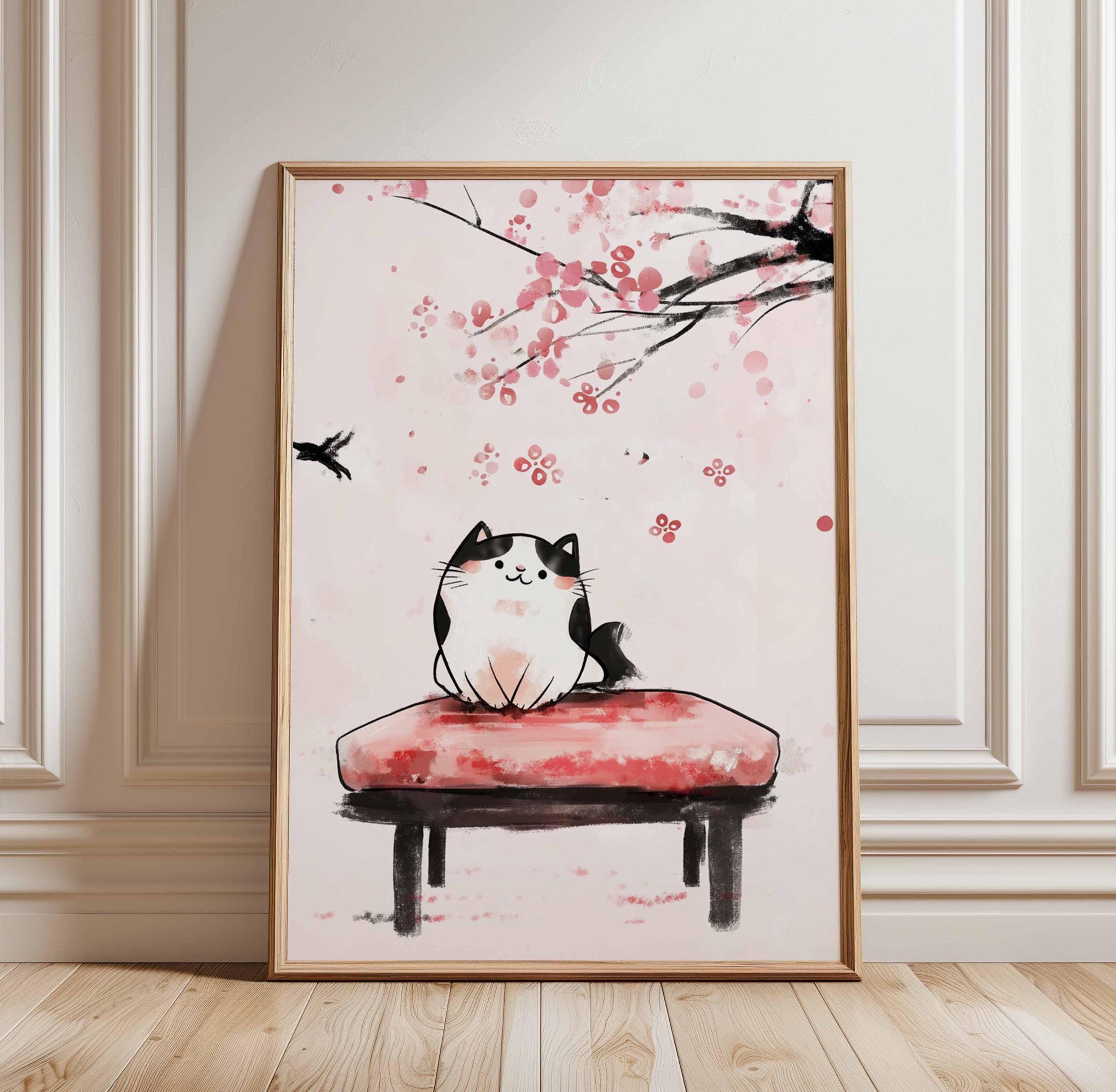 猫のポスターアート、かわいい猫と桜のプリント、日本風の壁飾り