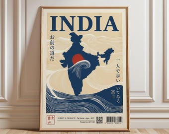 India Travel Poster, Vintage Map Wall Art Print, Stylised Ocean Wave Illustration, Retro Country Decor, Cultural Asia Artwork