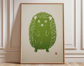 Hedgehog Poster Wall Art, Minimalist Animal Print, Vintage Style Illustration, Modern Green Hedgehog Artwork, Nature Decor Kids Room Nursery