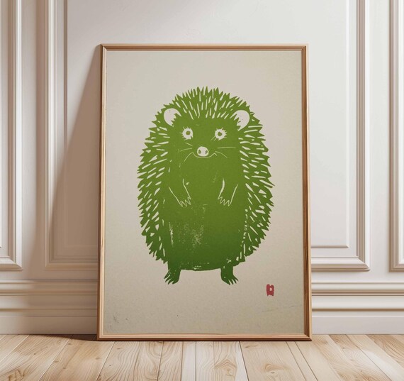 Hedgehog Poster Wall Art, Minimalist Animal Print, Vintage Style Illustration, Modern Green Hedgehog Artwork, Nature Decor Kids Room Nursery