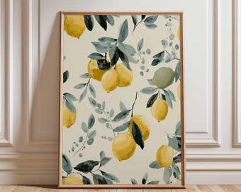 Lemon Poster, Kitchen Fruit Wall Art, Yellow Citrus Print, Botanical Lemon Illustration, Modern Farmhouse Decor, Italian Style Kitchen Art