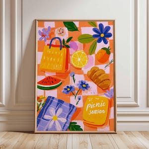 Picnic Season Poster – Colorful Summer Food Art Print, Playful Kitchen Wall Art, Bright Fruit and Flowers Decor for Dining Room