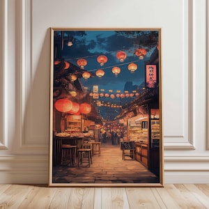 Nachtmarkt in Laterne Glow Poster, Lebendige Straßenszene, Urban China Kunstdruck, Laternenfest bei Nacht, Kulturelle Stadtbild Kunst