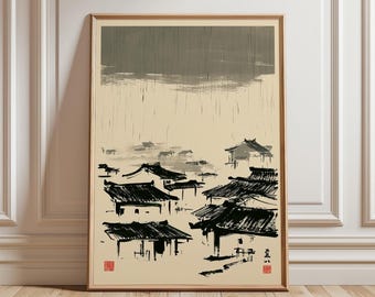Japanese Rain Village Poster, Sumi Ink Rooftop Wall Art, Zen Print