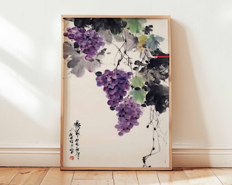 紫ブドウの中国水墨画、アジアの水彩フルーツアート、エレガントな