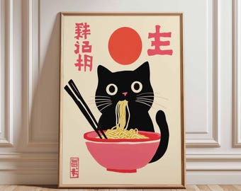 Black Cat Ramen Poster, Cute Noodle Art, Kawaii Cat Print, Japanese Food Poster, Cat Eating Ramen, Asian Wall Art, Fun Kitchen Decor