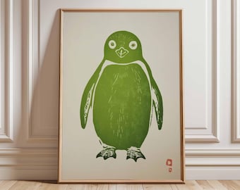 Penguin Poster Wall Art Minimalist Animal Print Vintage Style Illustration Modern Green Penguin Artwork Nature Decor Nursery Kids Room