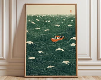 Japanese Wave Art, Boat at Sea Print, Minimalist Ocean Poster, Traditional Style Wall Art