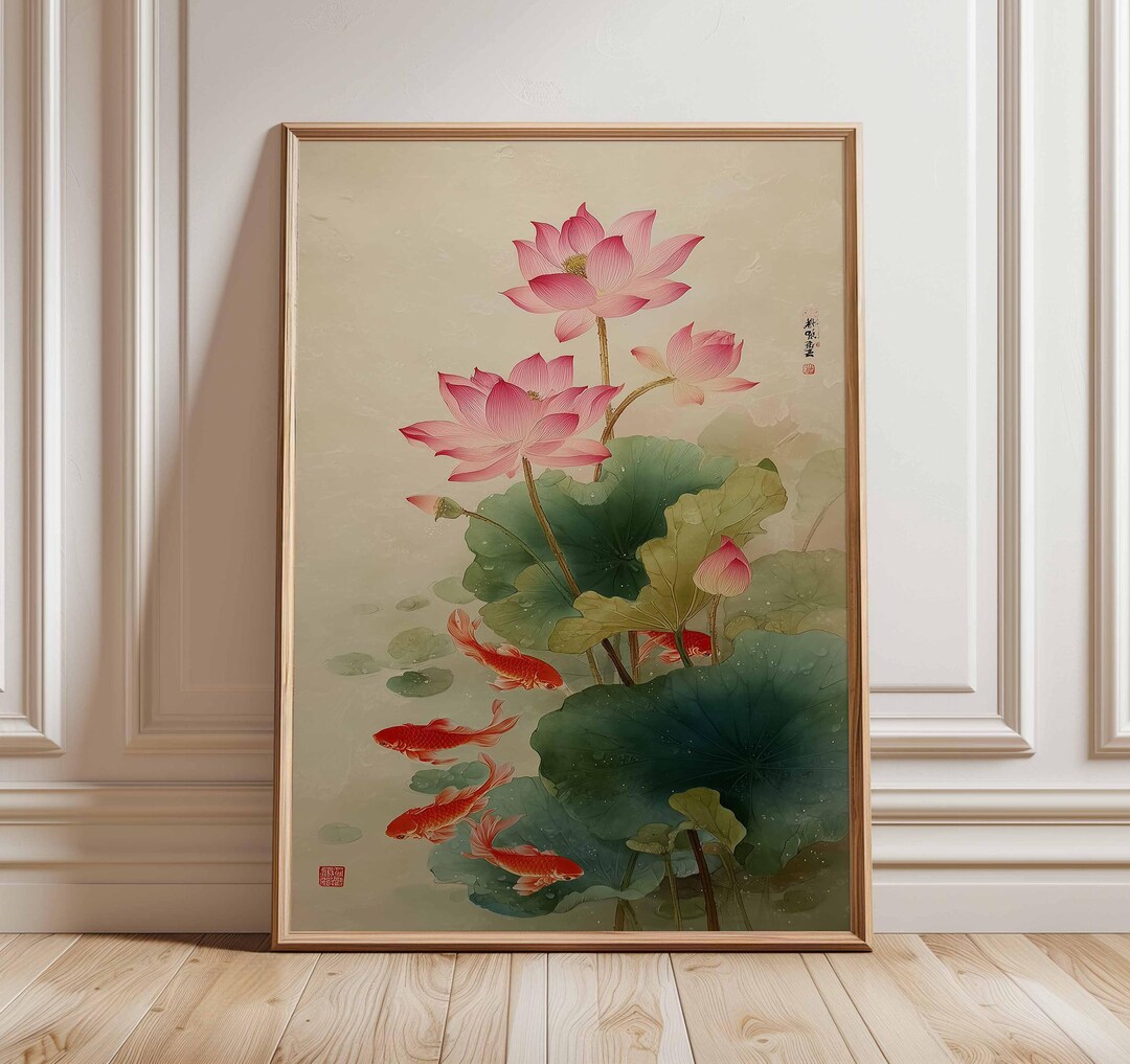 Lotus Flower and Koi Fish Poster – Japanese Wall Art Print, Oriental ...