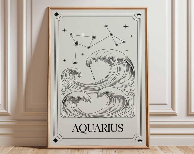 Aquarius Zodiac Wall Art, line drawing print, celestial astrology poster, water bearer decor, minimalist horoscope art, modern boho print