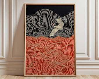 Japanese Wave Bird Poster, minimal line art ocean wall print in illustration style