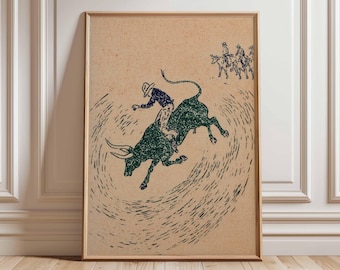 Rodeo Bull Riding Poster, Vintage Western Cowboy Print, Rustic Wild West Wall Art, American Rodeo Decor, Southwestern Cowboy Artwork