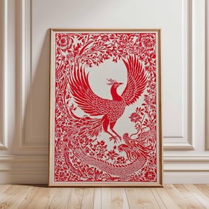 Red Phoenix and Dragon Poster, Chinese Mythology Art Print, Fenghuang Wall Decor, Folk Art Style Illustration, Asian Symbolism Wall Art