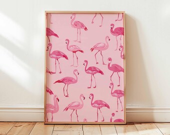 Póster con estampado de flamenco rosa, arte mural de pájaro adorable, estampado de flamenco tropical para habitación infantil, decoración de animales rosas divertidos