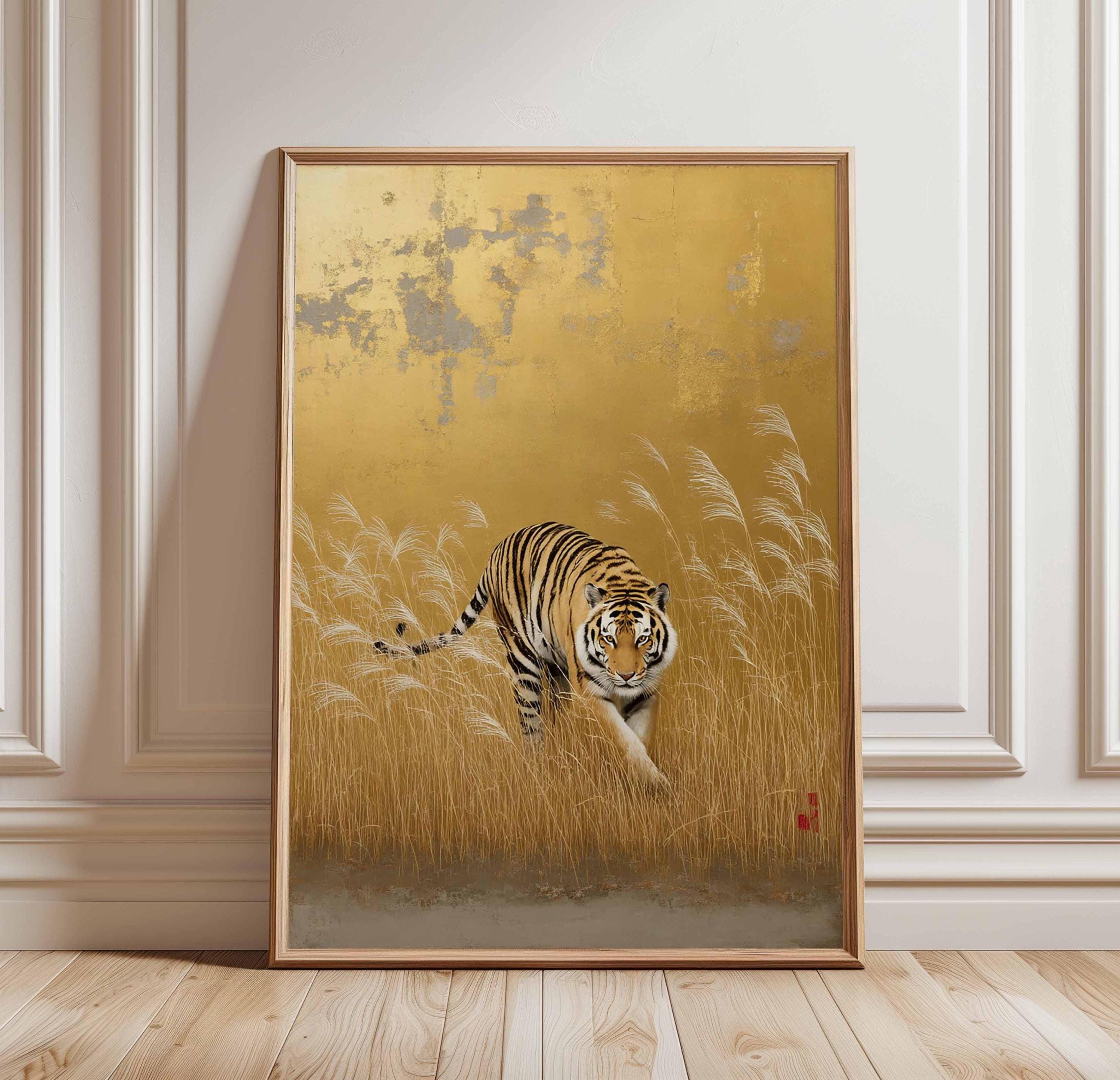 原画/抽象画/モダンアート/インテリア/アクリル画 OLD TIGER(虎波) Japanese Gold Foil Poster, Tiger Wall Art, Bengal Tiger in Grass