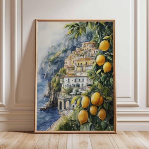 Amalfi Coast Poster – Italian Coastal Village Art, Lemon Tree Print, Mediterranean Sea View, Watercolor Landscape, Travel Wall Decor