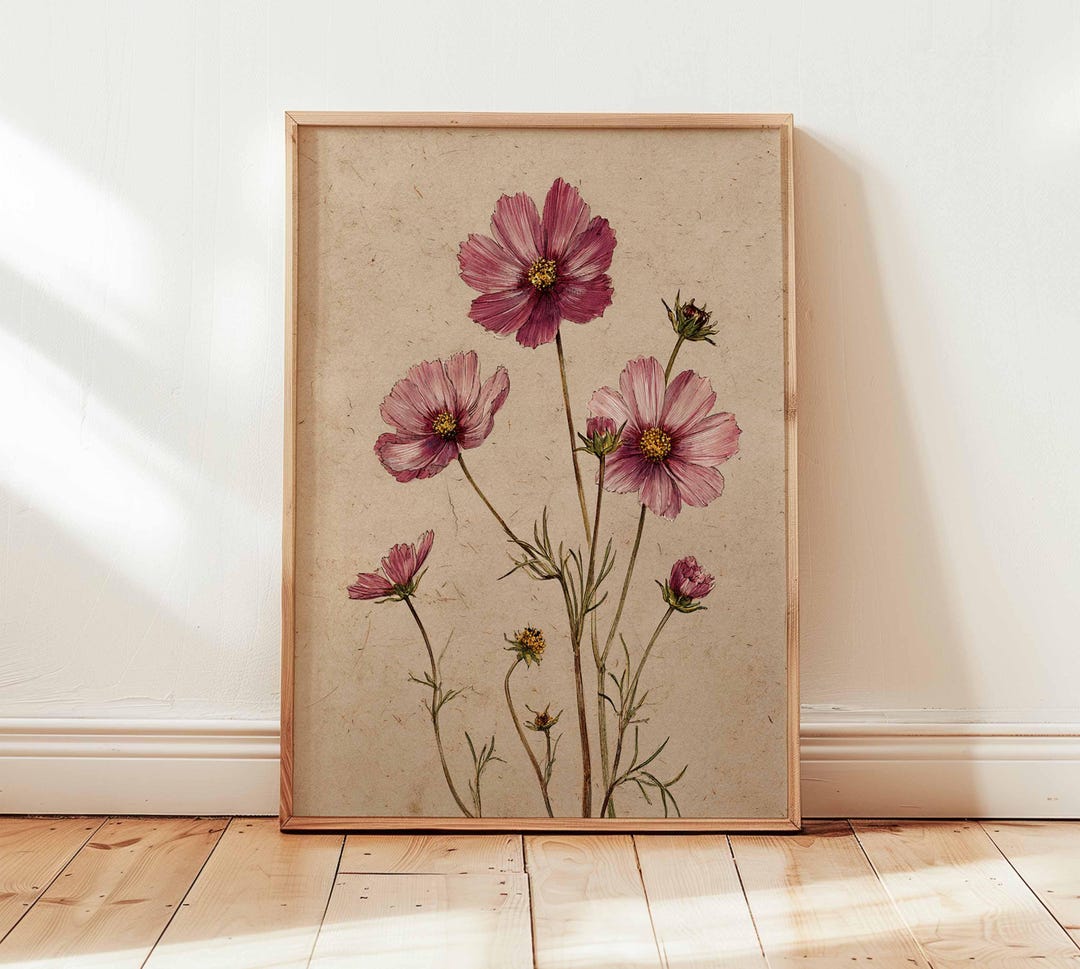 ヴィンテージボタニカルフラワープリント、ピンクの野花のポスター