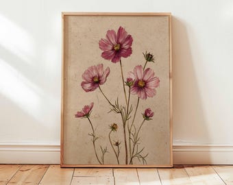 ヴィンテージボタニカルフラワープリント、ピンクの野花のポスター