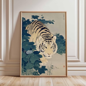 Japanese Tiger Print, Serene Jungle Wall Art, Botanical Tiger Poster, Traditional Asian Animal Illustration, Minimalist Foliage Decor