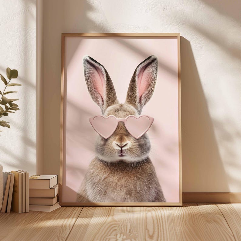 May include: A framed print featuring a brown rabbit wearing pink heart-shaped sunglasses. The rabbit is centered against a soft pink background. The artwork is in a wooden frame, creating a whimsical and stylish wall decor piece.