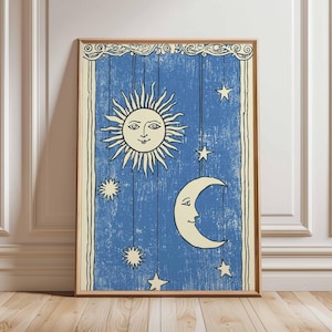 Art mural soleil et lune, affiche céleste, impression astrologie vintage, oeuvre d&#39;art bleu nuit étoilée, déco cosmique mystique, art bohème des phases de lune