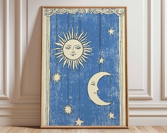 Sun and Moon Wall Art, Celestial Poster, Vintage Astrology Print, Blue Starry Night Artwork, Mystical Cosmic Decor, Boho Moon Phase Art
