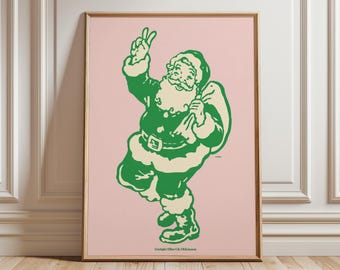 Retro Santa Art Print, Vintage Christmas Poster, Pink and Green Holiday Wall Art, Mid Century Modern Festive Decor, Retro Xmas Print