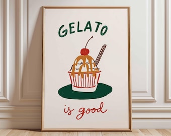 Gelato Poster, Retro Kitchen Wall Art, Italian Ice Cream Print, Vintage Dessert Illustration, Playful Cafe Decor Poster