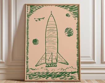 affiche de fusée vintage, impression d'art mural illustration navette spatiale, dessin au trait science-fiction rétro, décoration espace minimale, oeuvre d'art astronomie