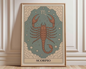 May include: Framed art print featuring a brown scorpion illustration on a teal background, surrounded by stars and clouds. The word "SCORPIO" is at the bottom. The artwork has a vintage aesthetic.